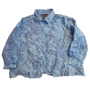 Susan Graver Style Zip Up Shirt Womens 2X Blue Floral Burnout Sheer Embroidered